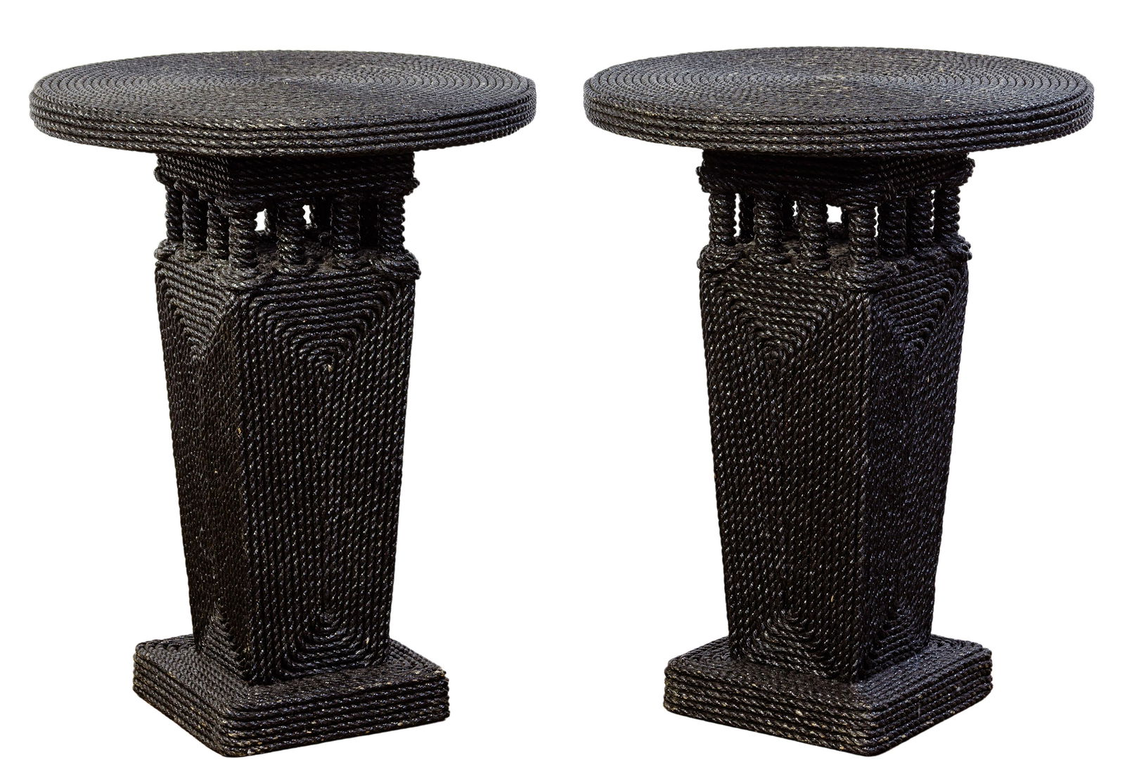 Christian Astuguevieille Side Tables: Christian Astuguevieille Side Tables 1992, identical pair wrapped in black painted hemp, having an open square column base, makers plaque on base of table; property from a Chicago, Illinois collector