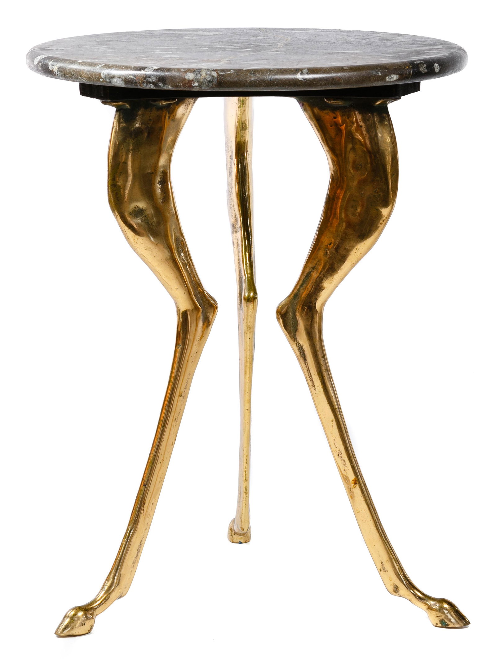 Brass and Stone Tripod Table: Brass and Stone Tripod Table Contemporary, orthoceras fossil stone top on brass base having three animal-form legs, top may not be original to base; property from a Chicago, Illinois collector Conditi