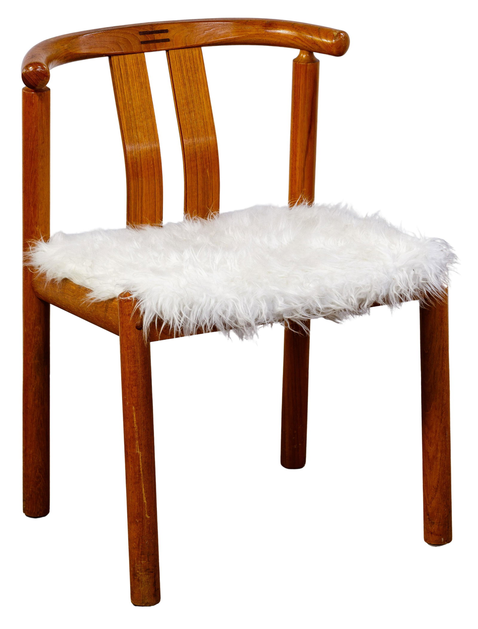 (Attributed to) Hans J. Frydendal for Boltinge: (Attributed to) Hans J. Frydendal for Boltinge Stolefabrik Danish Wishbone Chair Having teak wood frame, dark wood inlay decoration at center front and faux flokati upholstery Condition: Good, overall