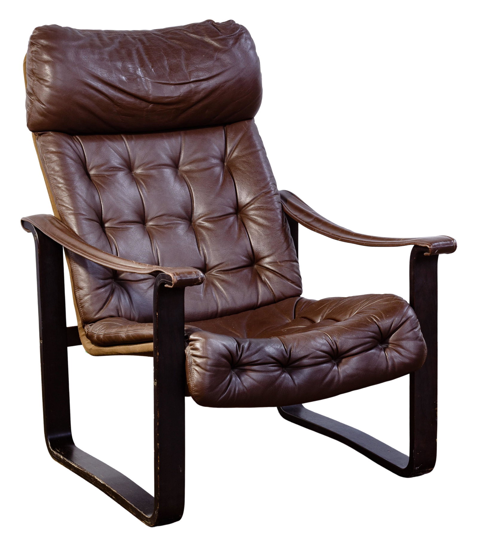 Dahlquist Armchair: Dahlquist Armchair Scandinavian modern having brown tufted leather seat in front, canvas back and dark bentwood style legs Condition: Fair, overall heavy wear consistent with normal use, leather worn;