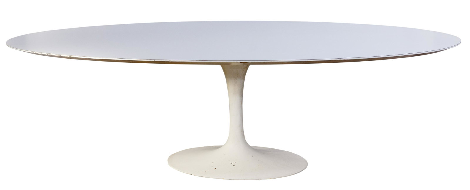 Eero Saarinen for Knoll Tulip Dining Table: Eero Saarinen for Knoll Tulip Dining Table Table having oval shape and white laminate finish Condition: Good, overall light to moderate wear consistent with normal use; scuffing overall, with darkest 