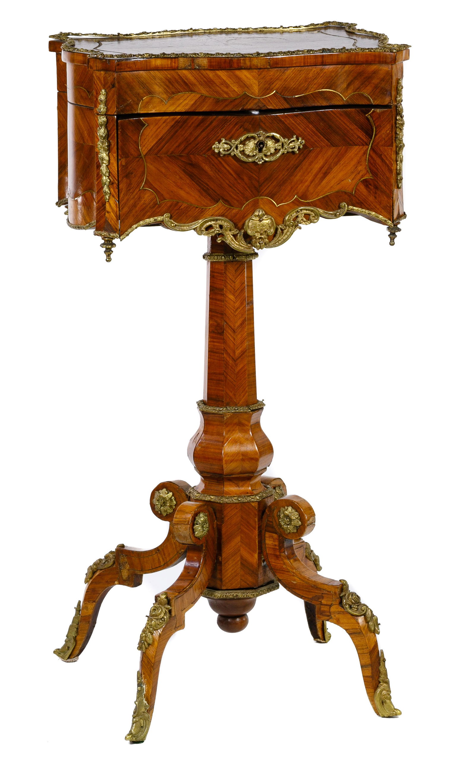 French Empire Style Jewelry Stand: French Empire Style Jewelry Stand Cabinet having detailed ormolu mounts, locked door having original key, marquetry veneers to all sides and raised on an eight sided veneer pedestal on top of four Lou