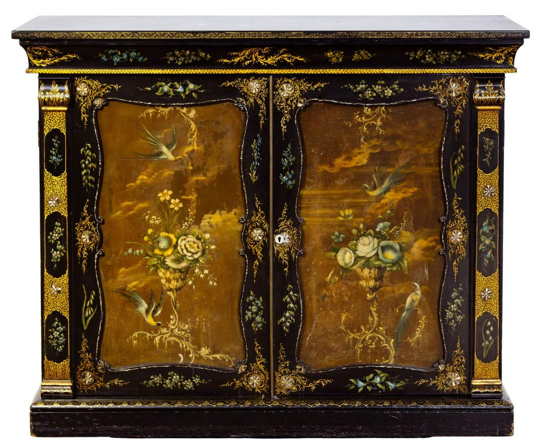 Chinoiserie Black Lacquer Cabinet: Chinoiserie Black Lacquer Cabinet 19th century European Asian style two door paneled cabinet, doors opening to reveal shelves and having gold and colored floral decoration on black ground, door and si
