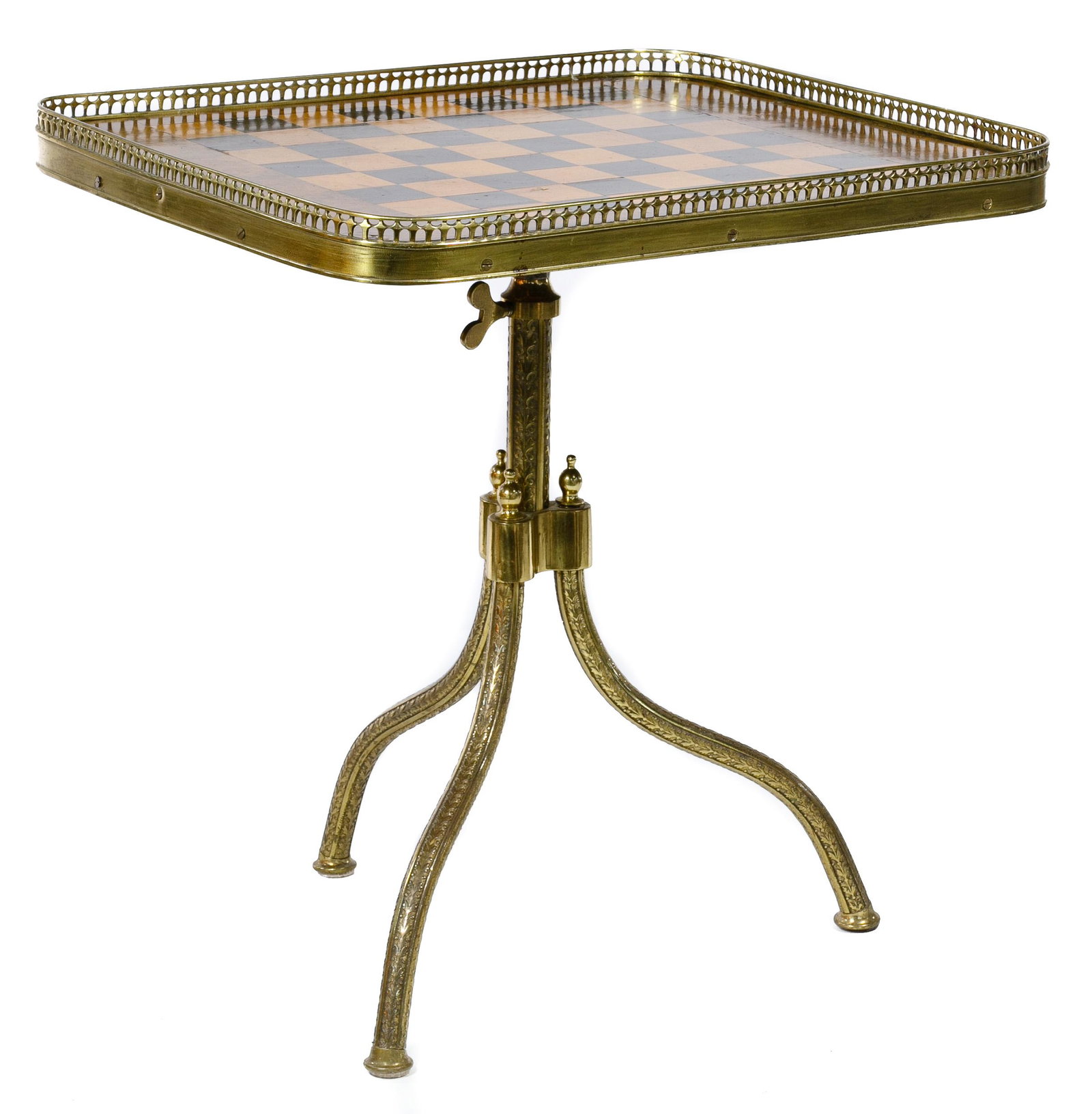 Parquetry Chess Table: Parquetry Chess Table Adjustable game table having pierced brass gallery edge around game board, on top of a brass tripod pedestal having intaglio carvings; property from a Chicago, Illinois collector