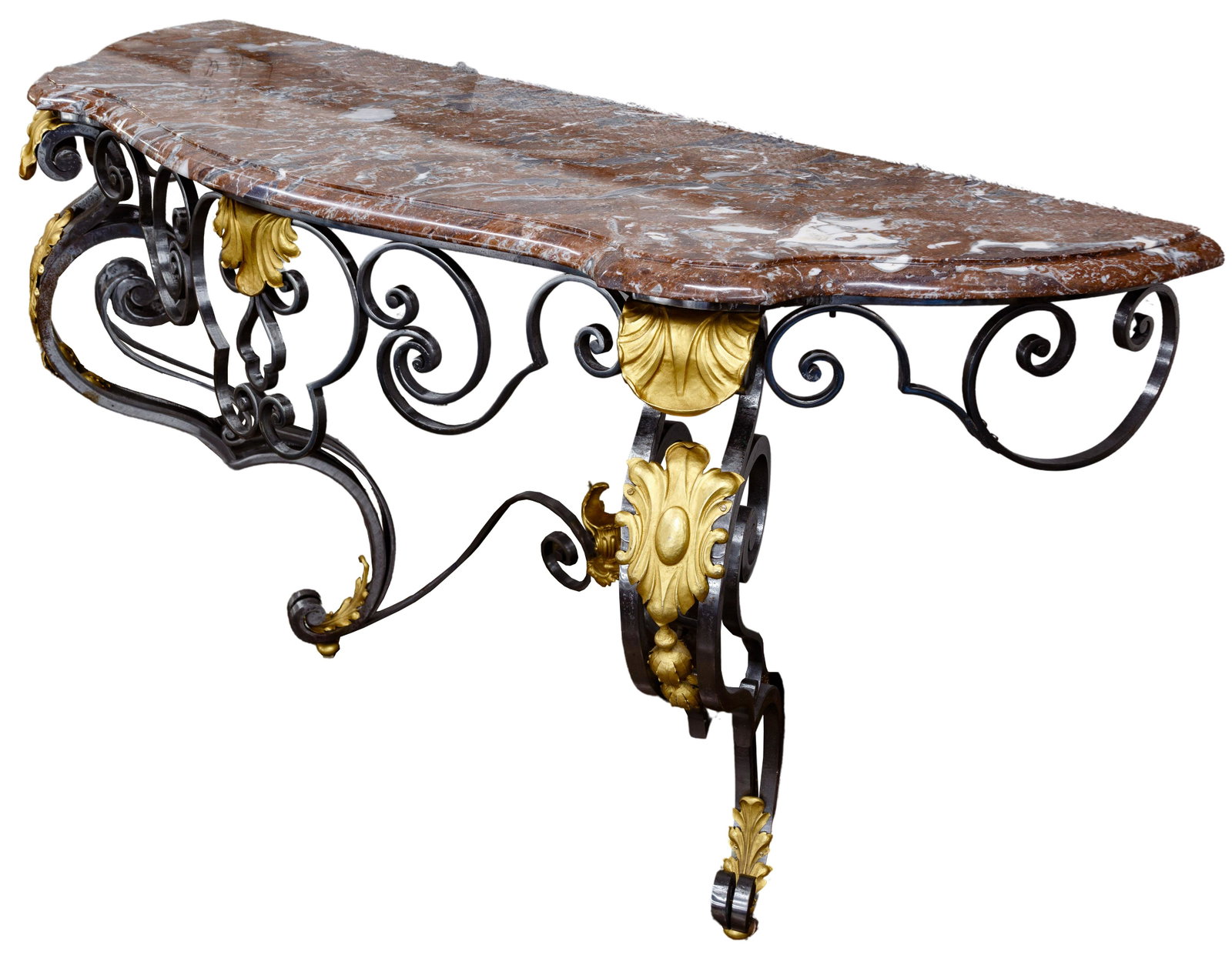 Marble Hall Table: Marble Hall Table Having a muted red marble top with grey and white veining atop a silver-tone scrolled metal base having ormolu accents; property from a Chicago, Illinois collector Condition: Very Go