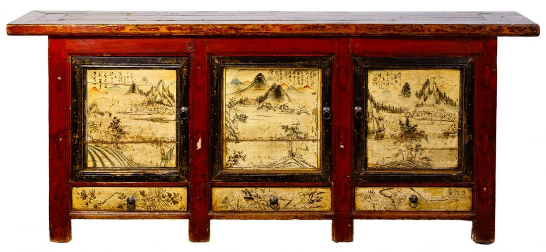 Asian Style Buffet: Asian Style Buffet Having three doors over three drawers with painted landscape and botanical motifs, a primitive painted wood surface overall, metal hardware and one interior shelf; property from a H