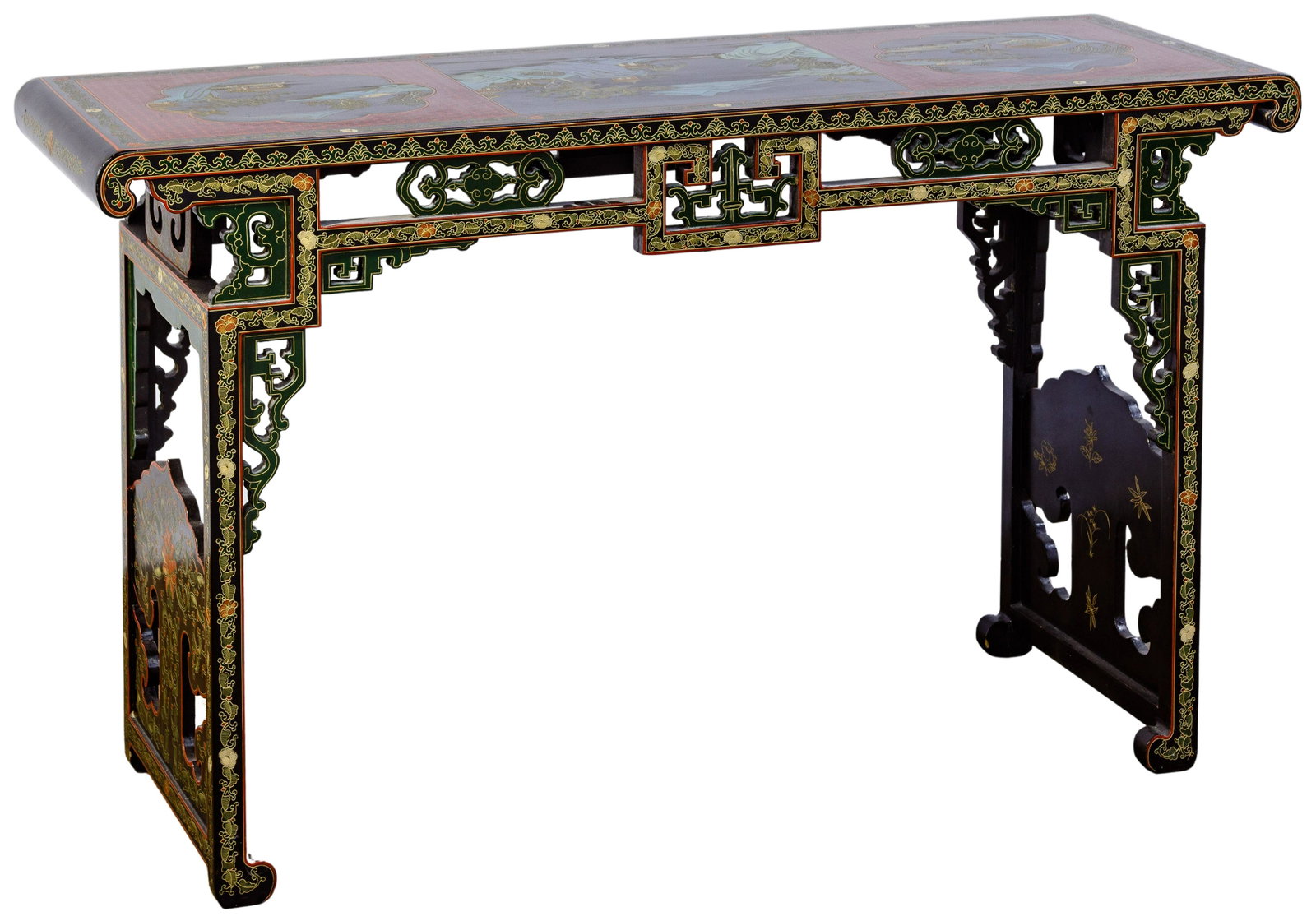 Asian Style Painted Altar / Console Table: Asian Style Painted Altar / Console Table Poly chrome table having three landscape scenes on top, overall botanical motif, carved wood aprons and carved wood lower panels connecting legs; labeled 'mad