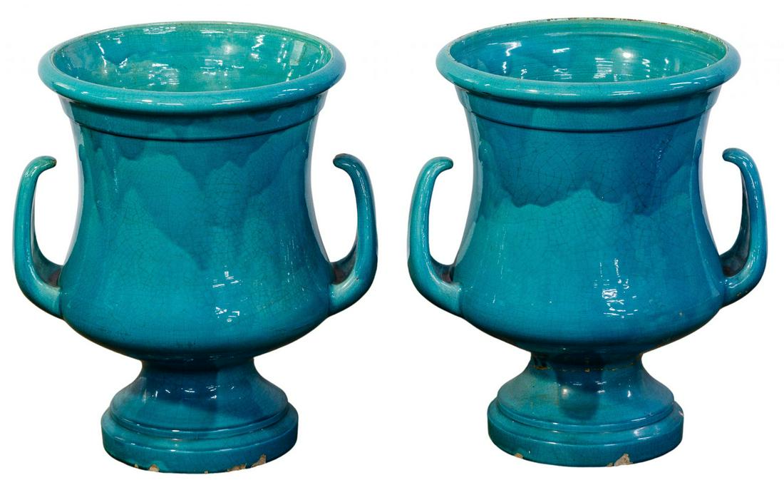 Clement Massier (French, 1835/45-1917) Garden Urns: Clement Massier (French, 1835/45-1917) Garden Urns Stamped 'Clement Massier, Golfe Juan' on underside and having turquoise-green crackle drip glaze and two open loop handles Condition: Good to Fair, m