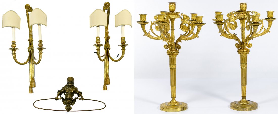 Bronze Candelabra Assortment: Bronze Candelabra Assortment Five items, including two six-light candelabras having an overall gilt style finish and a botanical motif; two brass 20th century wall sconces; together with towel rack; p