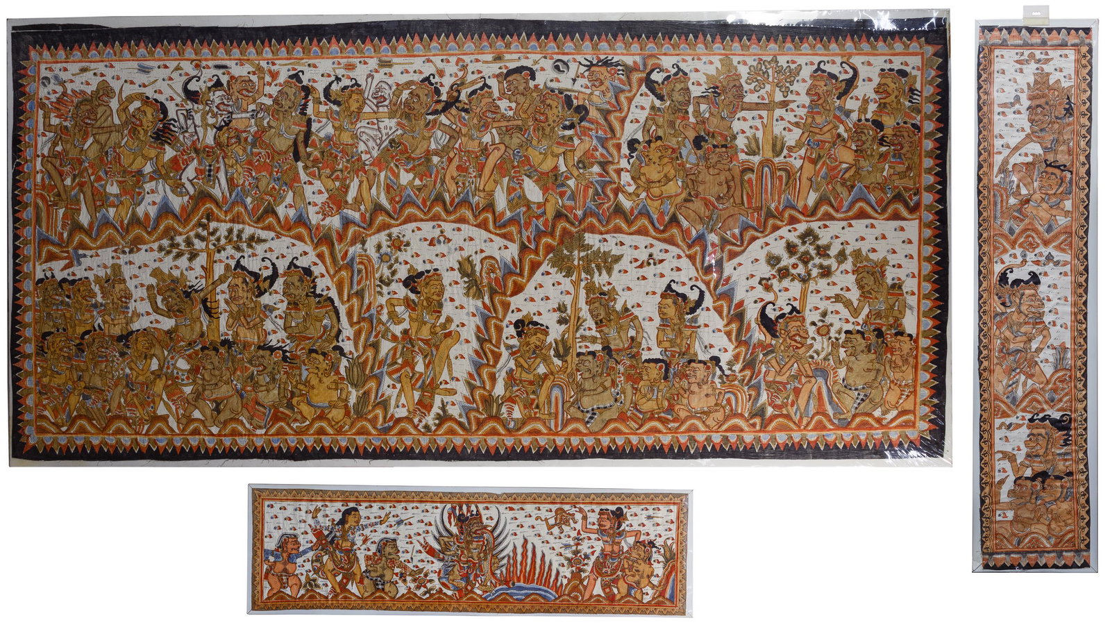 Balinese Kamasan Painted Textile Assortment: Balinese Kamasan Painted Textile Assortment Three items, 20th century, depicting scenes from Balinese mythology showing multiple figures, each mounted floating on a foam-core or wood frame and shrink 