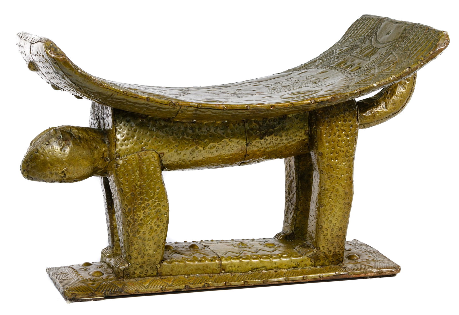 African Ashanti Chief Stool: African Ashanti Chief Stool Possible early 20th century, carved wood wrapped with embossed brass, depicting a large curved seat over a jungle cat Condition: Very Good, overall light wear consistent wi