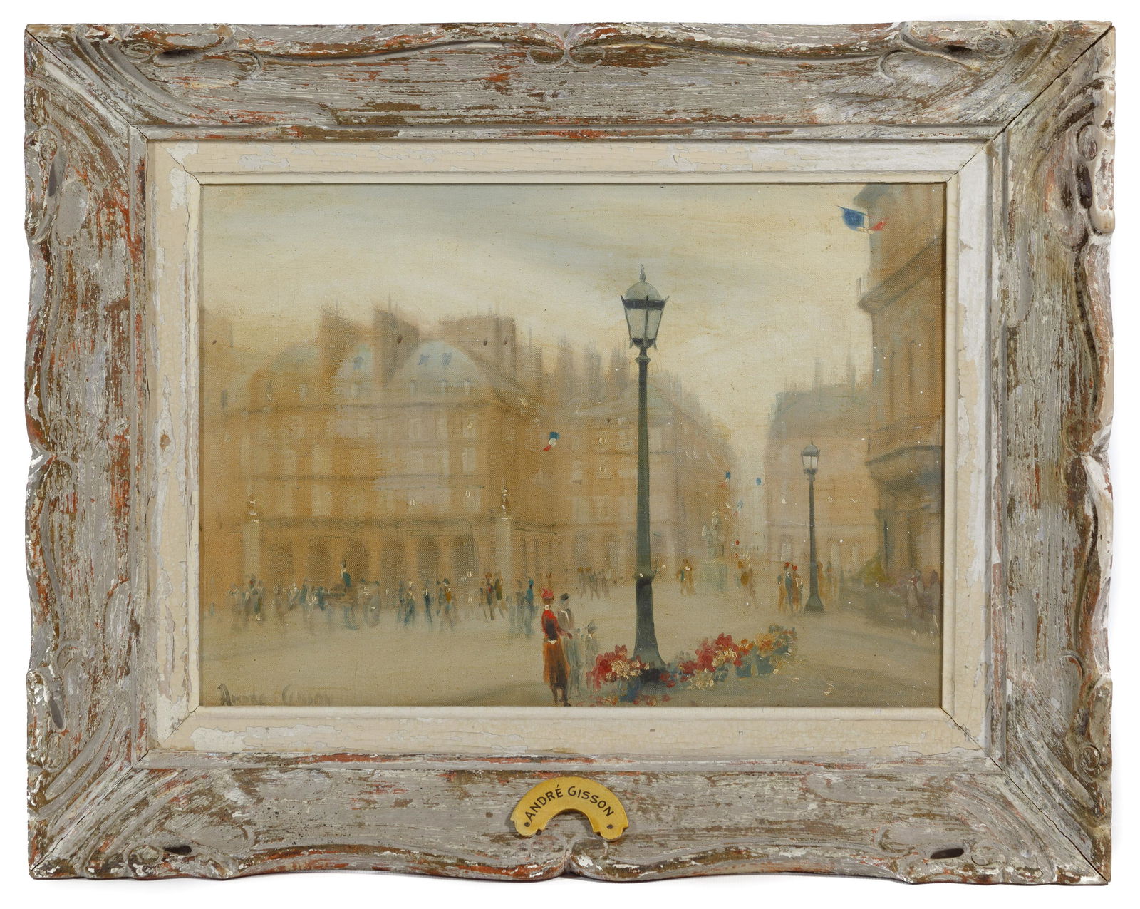 Andre Gisson (American / French, 1921-2003): Andre Gisson (American / French, 1921-2003) 'Place Jeanne d'Arc' Oil on Canvas Undated, signed lower left and en verso, depicting figures depositing a Paris street scene, titled en verso, in a painted