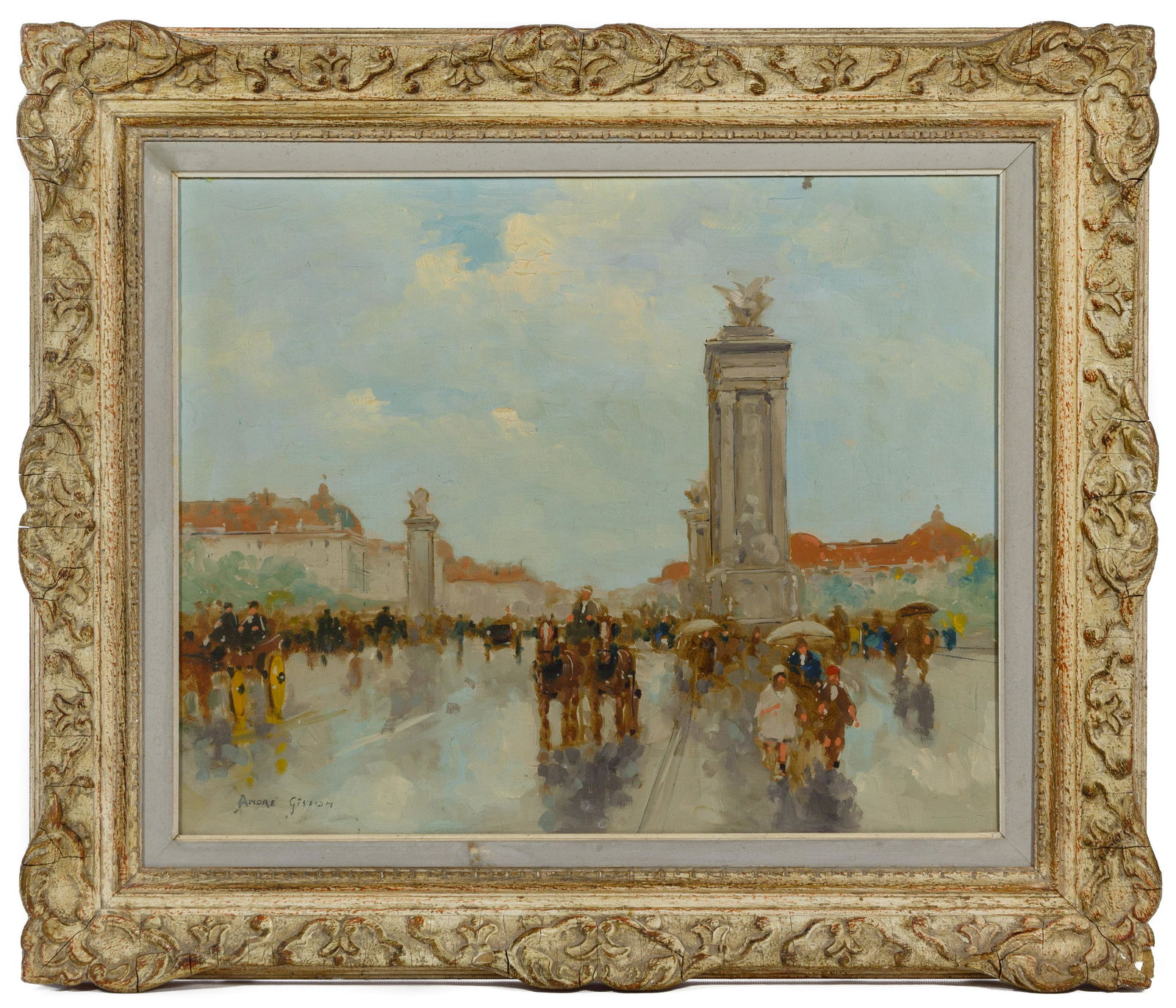 Andre Gisson (American / French, 1921-2003) Oil on: Andre Gisson (American / French, 1921-2003) Oil on Canvas Undated, signed lower left, depicting a Paris street scene, in a painted wood frame, artist information en verso; artist also known as Anders