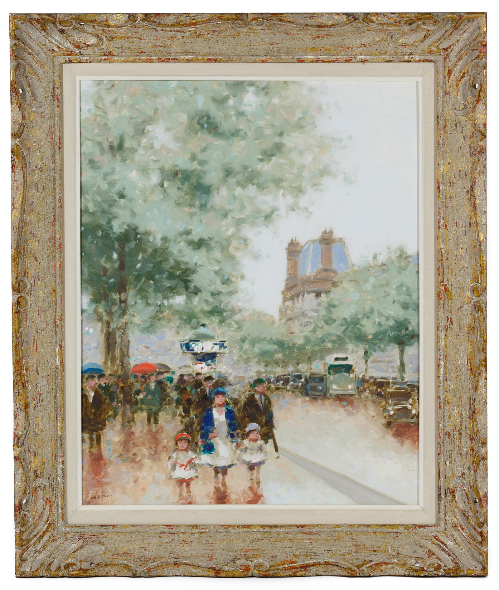 Andre Gisson (American / French, 1921-2003) Oil on: Andre Gisson (American / French, 1921-2003) Oil on Canvas Undated, signed lower left, depicting a Paris street scene, in a painted wood frame, artist information en verso; artist also known as Anders