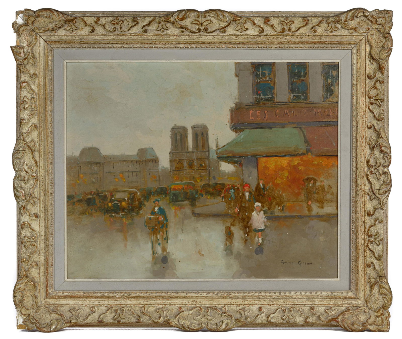 Andre Gisson (American / French, 1921-2003) Oil on: Andre Gisson (American / French, 1921-2003) Oil on Canvas Undated, signed lower right, depicting a Paris street scene, in a painted wood frame, artist information en verso; artist also known as Anders