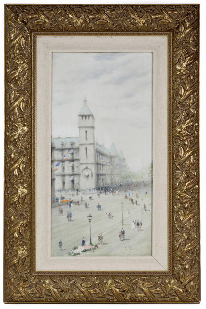 Andre Gisson (American / French, 1921-2003) Oil on: Andre Gisson (American / French, 1921-2003) Oil on Canvas Undated, signed lower right, impressionist style having soft colors, street scene, focal point large building having towers, painted and distr