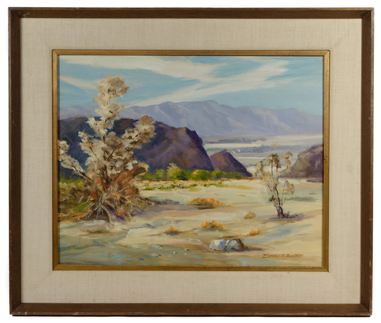 Ernest Biddle (American, 1919-1970) Oil on Canvasboard: Ernest Biddle (American, 1919-1970) Oil on Canvasboard Undated, signed lower right, depicting a desert landscape, in a wood frame having a linen liner; property from an Orland Park, Illinois estate Co