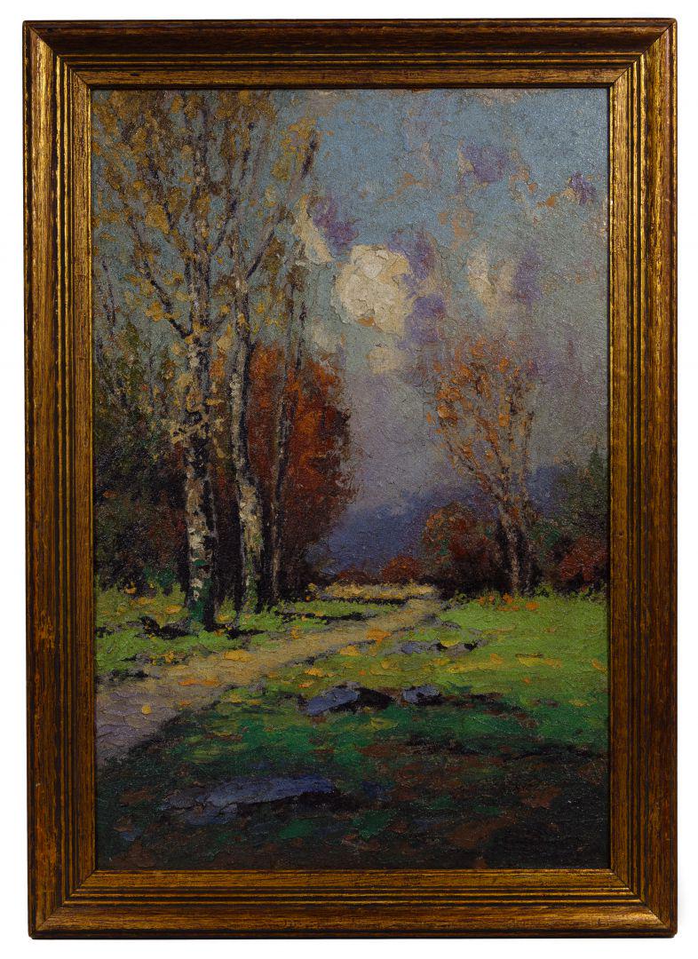 George Drew (American, 1875-1968) 'Birches Autumn' Oil: George Drew (American, 1875-1968) 'Birches Autumn' Oil and Sand on Panel 1928, signed lower right, depicting a path leading into a wooded landscape, in thick sand-textured oil paint, in a wood frame, 