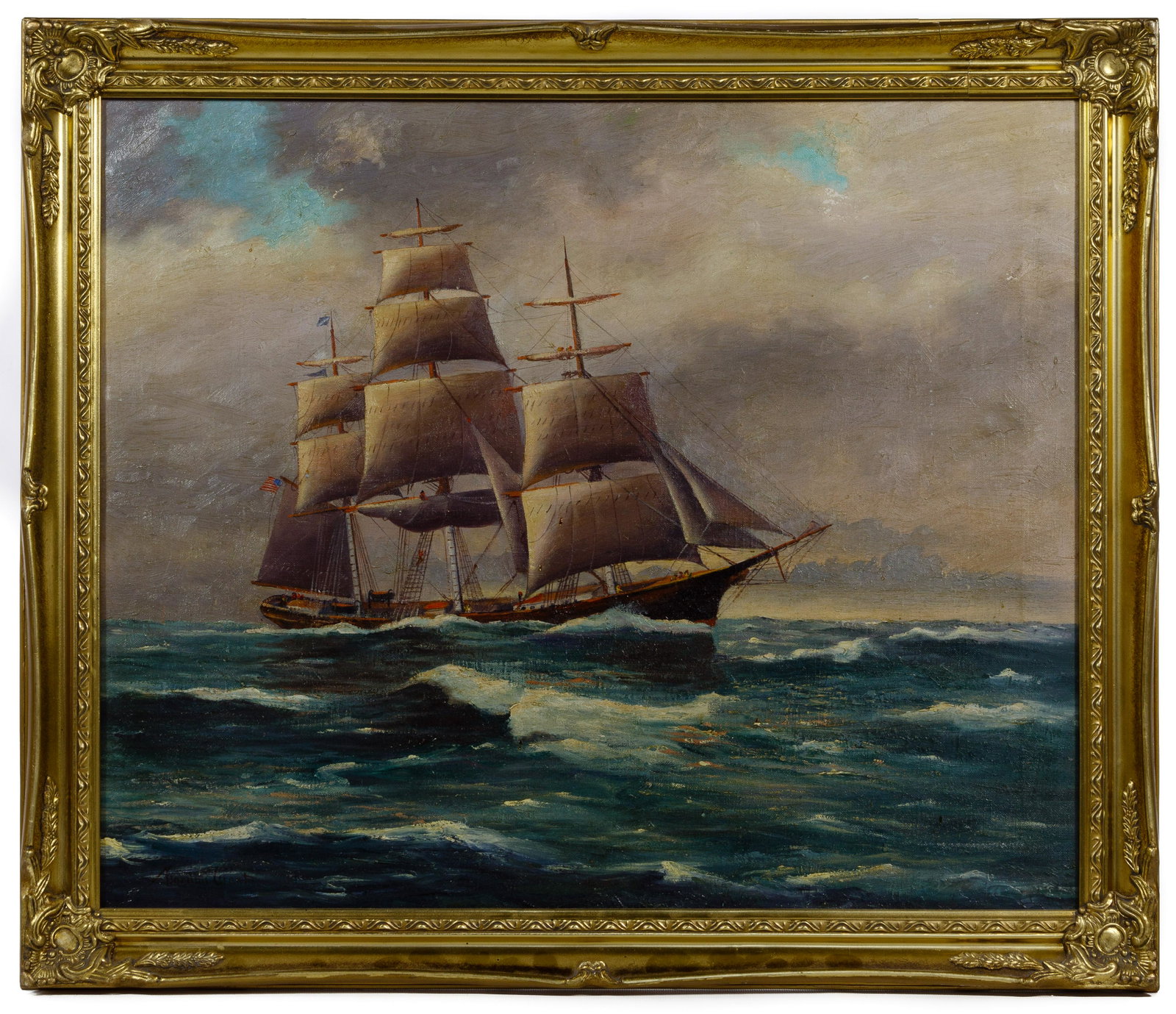Gordon Grant (American, 1875-1962) Oil on Canvas: Gordon Grant (American, 1875-1962) Oil on Canvas Undated, signed lower left, depicting a ship at sea, in a gold tone wood frame; property from an Orland Park, Illinois estate Condition: Good, dent wit
