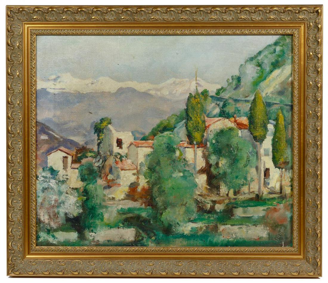John Trubee (American, 1895-1964) Oil on Canvasboard: John Trubee (American, 1895-1964) Oil on Canvasboard Undated, incised signature lower right, depicting a mountain village in a landscape, in a gold tone wood frame; property from an Orland Park, Illin