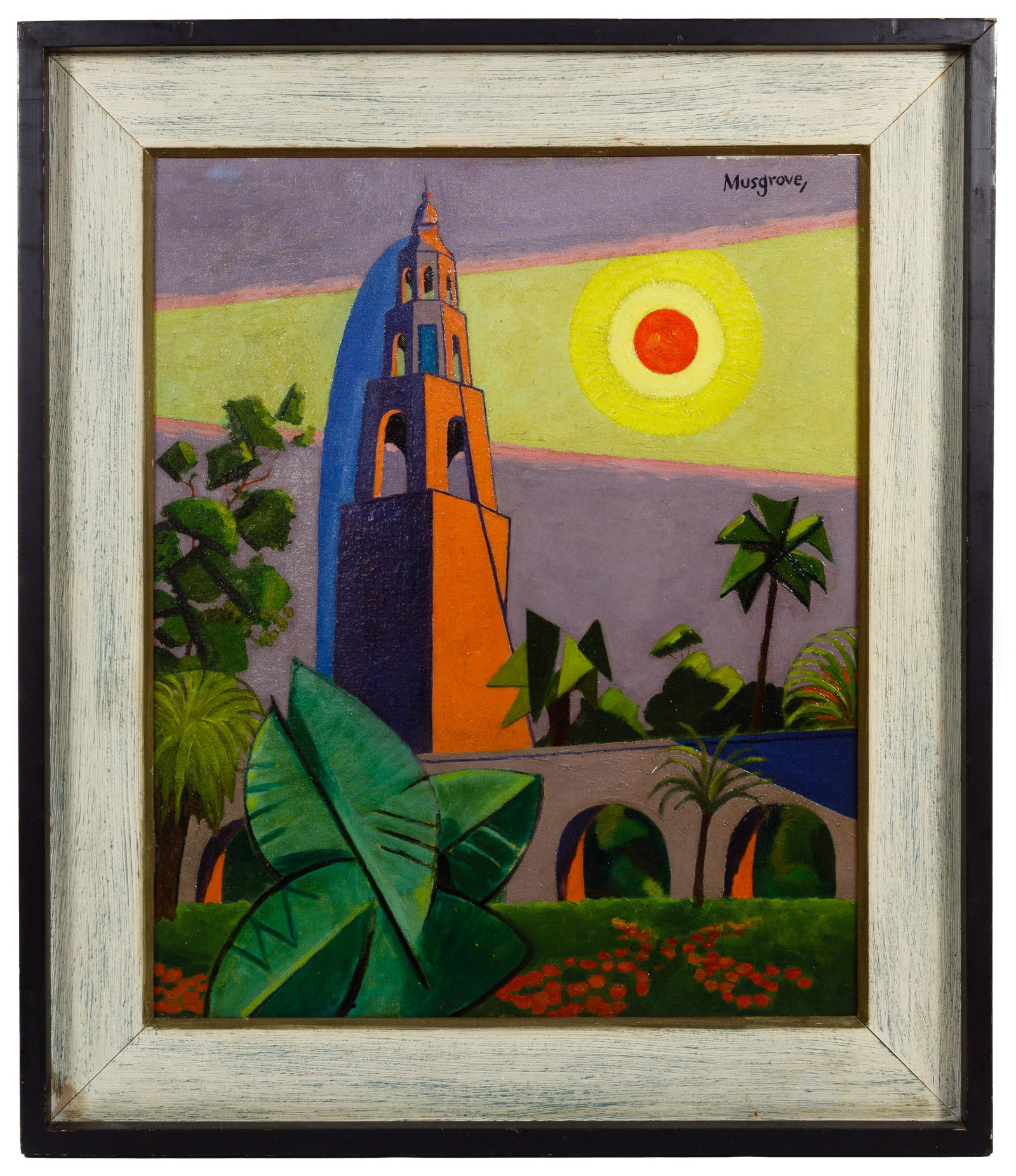 Louis Musgrove (American, 1893-1963) Oil on Canvas: Louis Musgrove (American, 1893-1963) Oil on Canvas Board Undated, signed upper right, depicting a landscape with tower in Cubist style, in a painted wood frame; property from an Orland Park, Illinois 