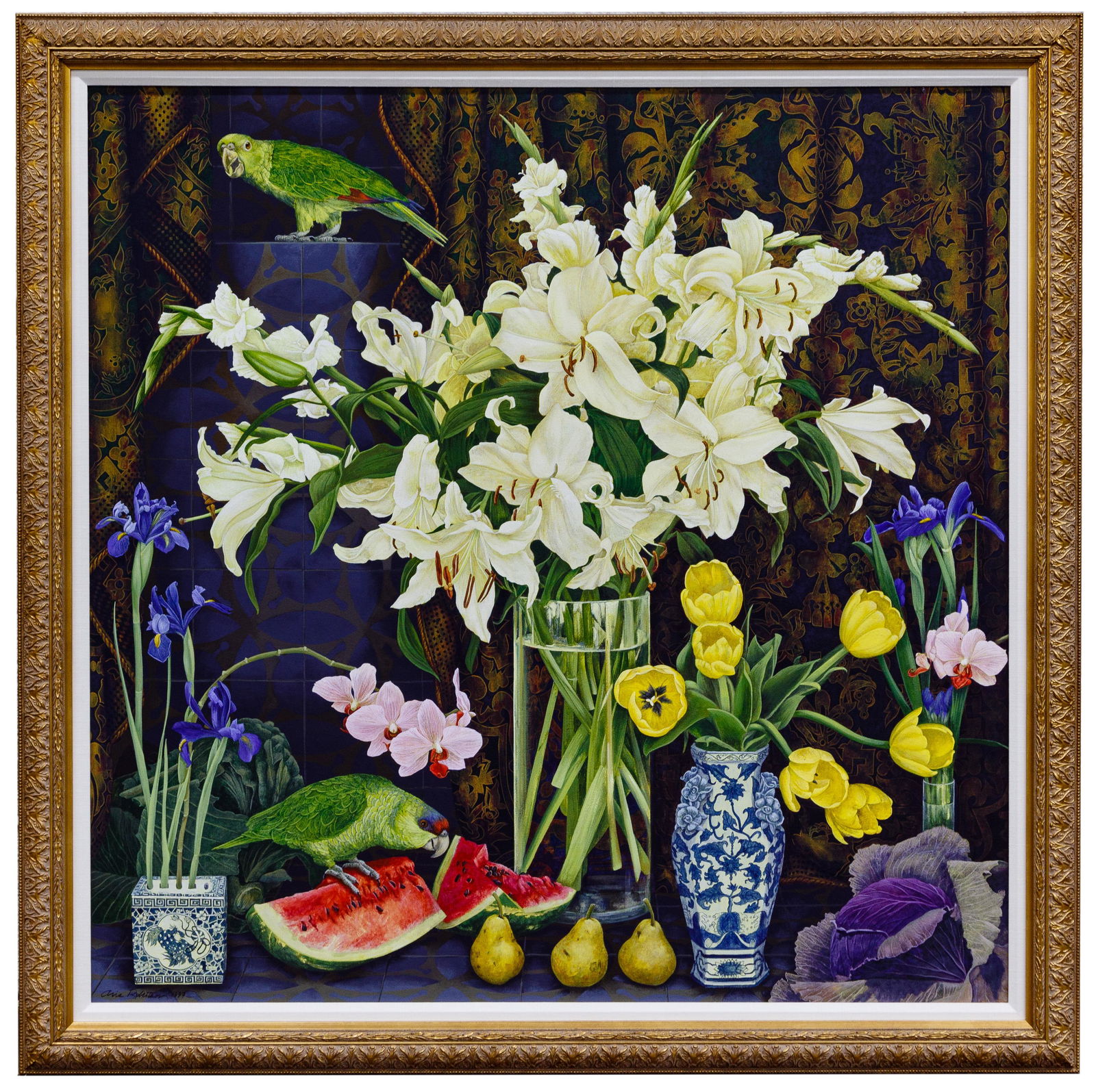 Oris Robertson (American, 1937-2002) Acrylic on Canvas: Oris Robertson (American, 1937-2002) Acrylic on Canvas 1997, signed lower left, depicting a still life of flowers, fruit, and parrots, housed in a gold tone wood frame Condition: Very Good, no conditi