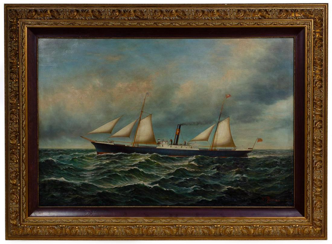 William Luscomb (American, 1805-1866) Oil on Panel: William Luscomb (American, 1805-1866) Oil on Panel Undated, signed lower right, depicting a sail assisted British steam ship at sea, in a gold tone wood frame; property from an Orland Park, Illinois e