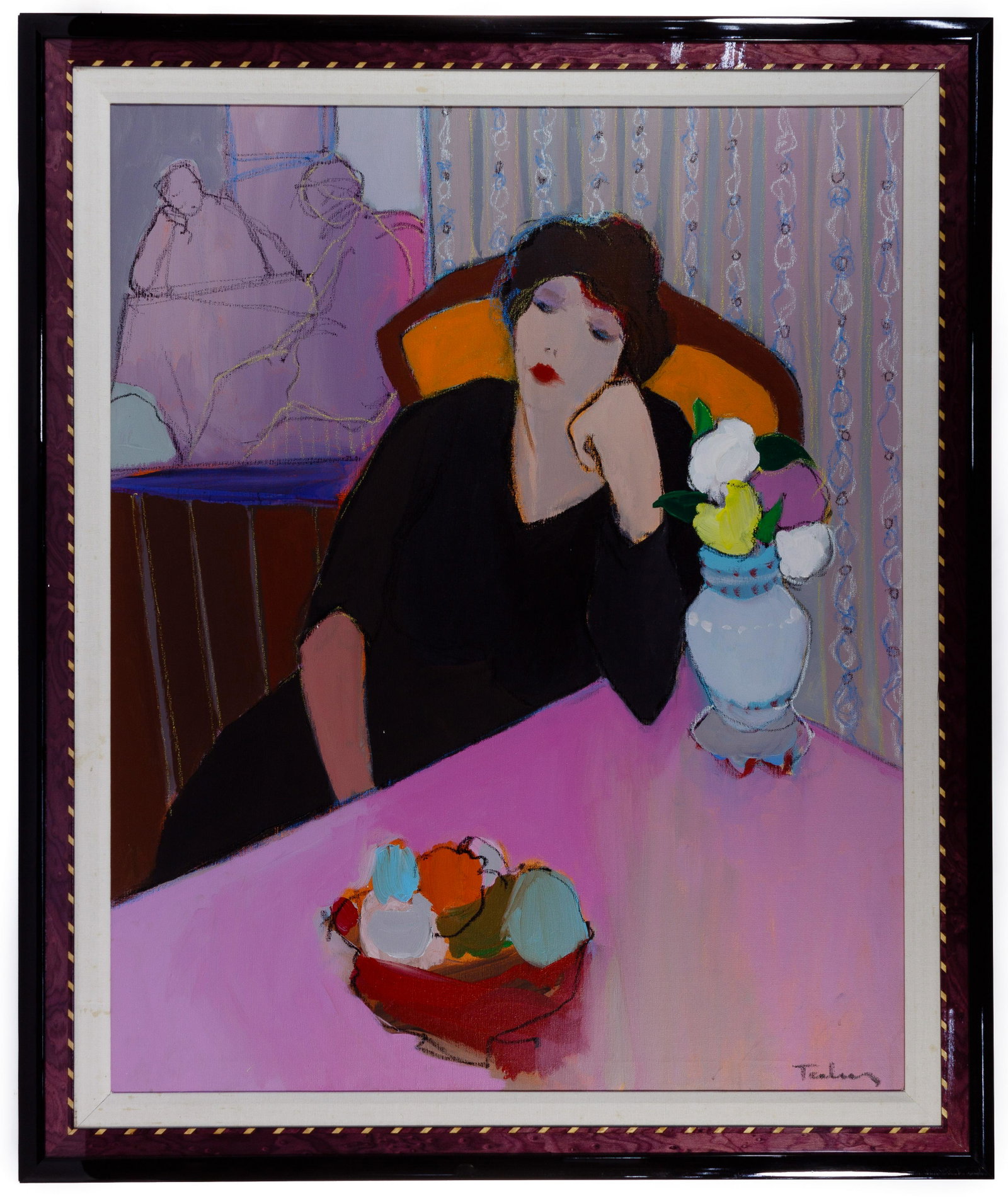 Itzchak Tarkay (Serbian / Israeli, 1935-2012) Acrylic: Itzchak Tarkay (Serbian / Israeli, 1935-2012) Acrylic on Canvas Undated, signed lower right, depicting a seated female figure in an interior setting, in a wood frame; property from a Highland Park, Il