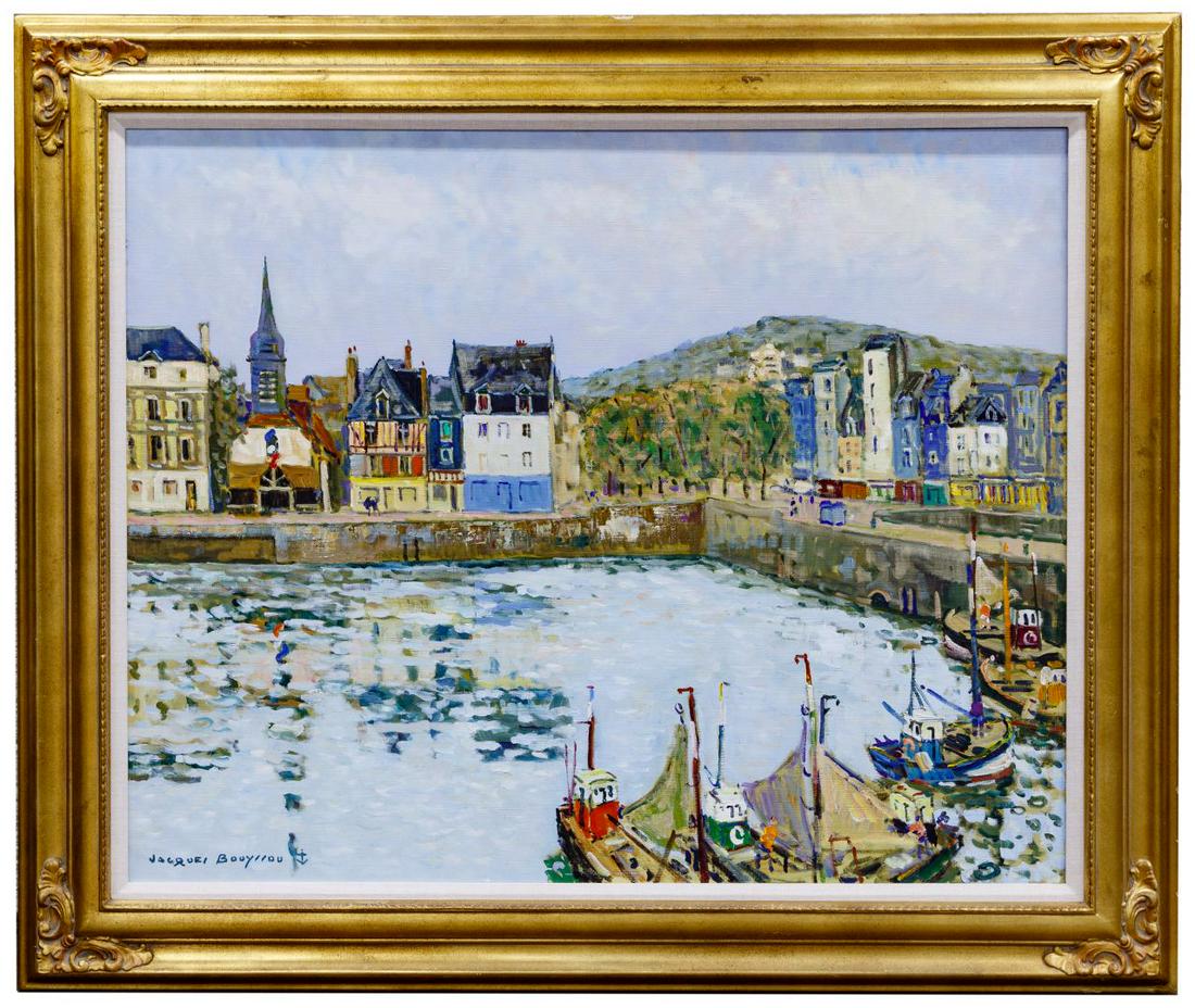 Jacques Bouyssou (French, 1926-1997): Jacques Bouyssou (French, 1926-1997) 'Honfleur le Vieux Bassin' Oil on Canvas Undated, signed lower left, depicting a harbor scene in Honfleur, France, titled en verso, housed in a gilt wood frame Con