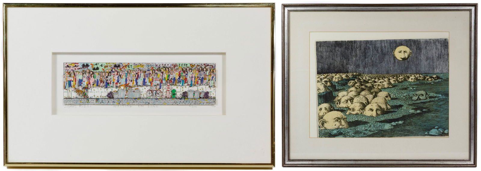 James Rizzi (American, 1950-2011) Serigraph with Collag: James Rizzi (American, 1950-2011) 'Waiting on Line' Serigraph with Collage 1986, signed lower left, #21/175 lower right, 'John Szoke Graphics' blindstamp lower right, depicting a long line of people o