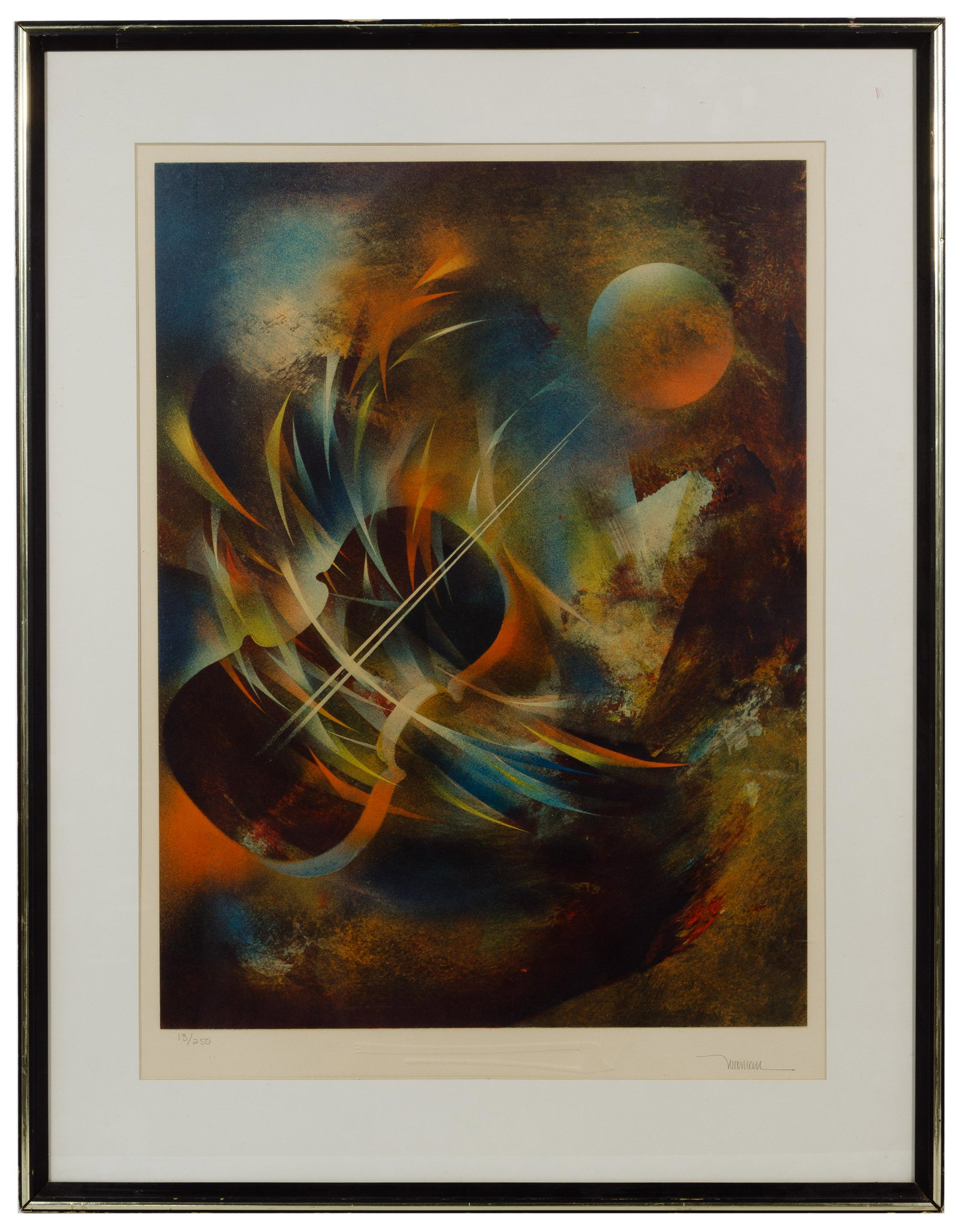 Leonardo Nierman (Mexican / American, b.1932) 'Brahms': Leonardo Nierman (Mexican / American, b.1932) 'Brahms' Lithograph 1976, signed lower right, #13/250 lower left, embossed shape to lower margin, depicting an abstracted violin, matted in a wood frame u