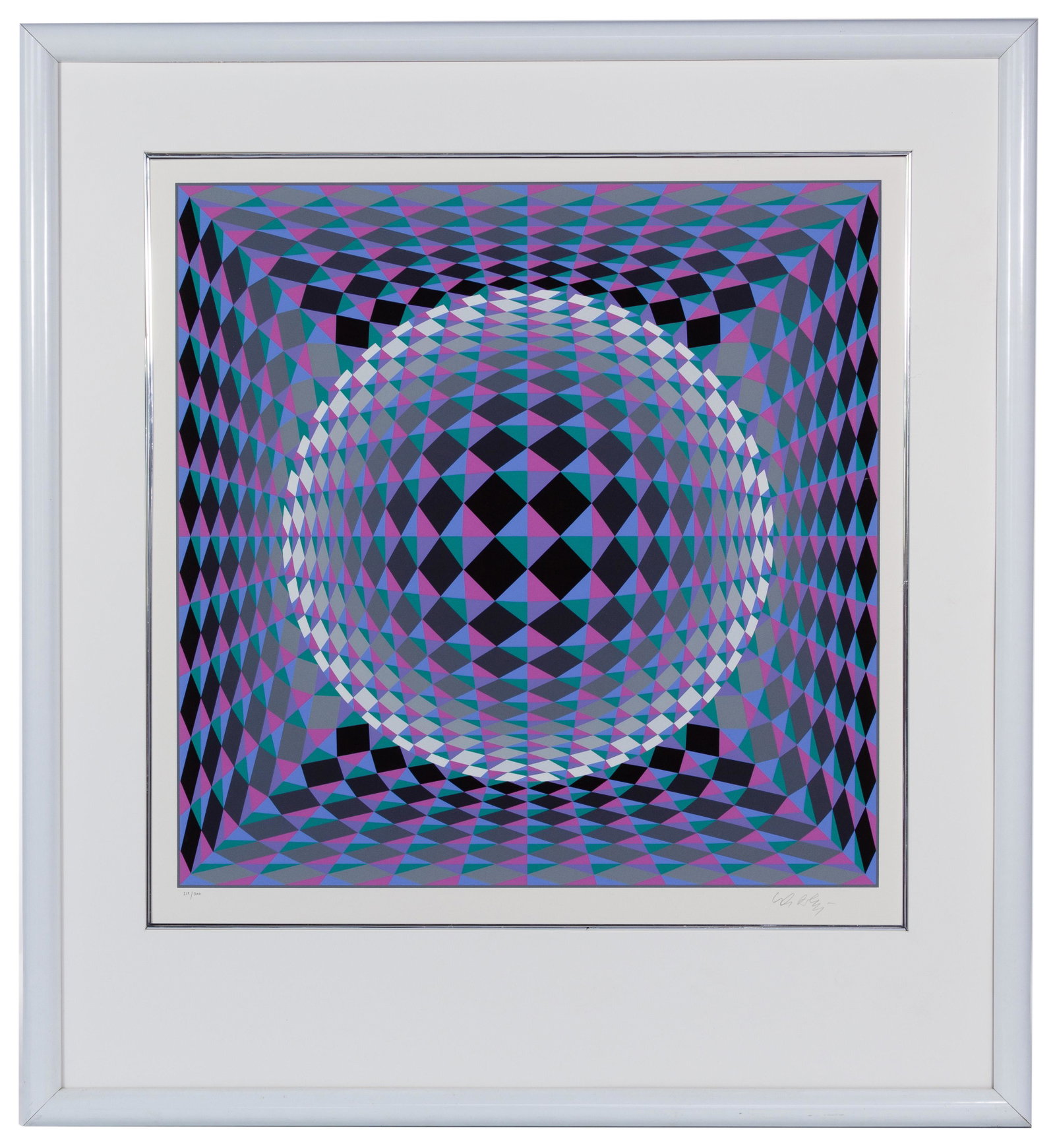 Victor Vasarely (Hungarian / French, 1906-1997): Victor Vasarely (Hungarian / French, 1906-1997) 'Geometric Circle' Serigraph Undated, signed lower right, #219/300 lower left, depicting an abstract geometric composition, matted in a painted wood fra