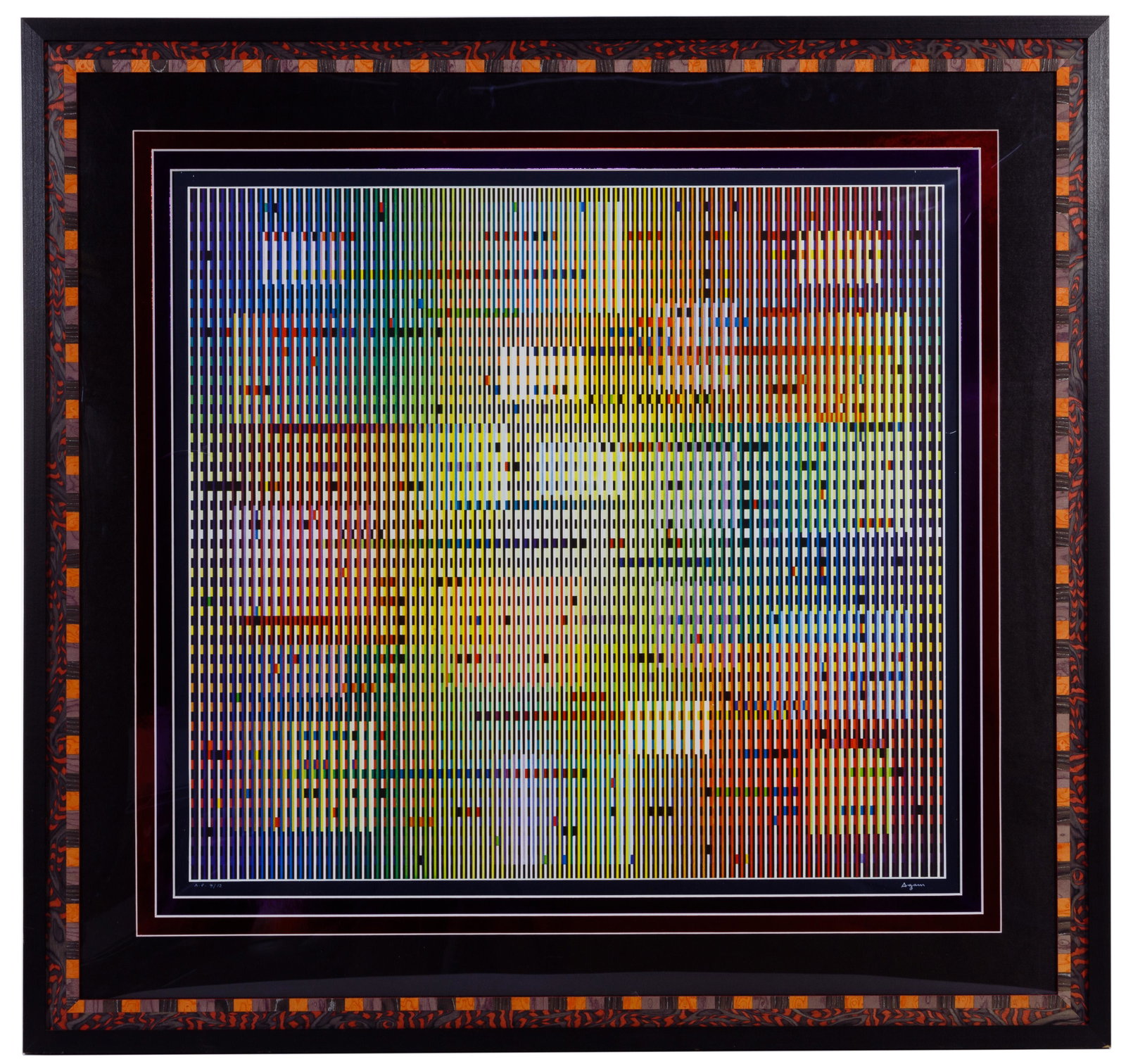 Yaacov Agam (Israeli, b.1928) Offset Lithograph: Yaacov Agam (Israeli, b.1928) Offset Lithograph Undated, signed lower right, A.P. 9/12 lower left, depicting an abstract geometric composition, matted in a wood frame under glass; Circle Fine Art Corp