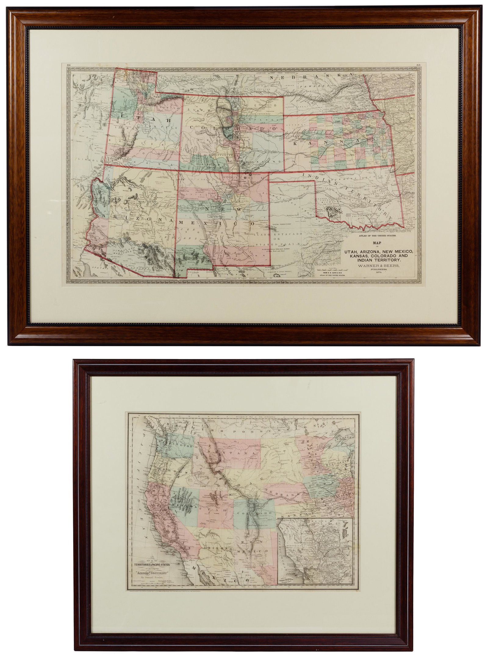 19th Century United States Engraved Maps: 19th Century United States Engraved Maps Two maps including 1865 of the 'TERRITORIES & PACIFIC STATES' to accompany 'Across the Continent' by Samuel Bowles, having detailed ancillary map of 'Plan of C