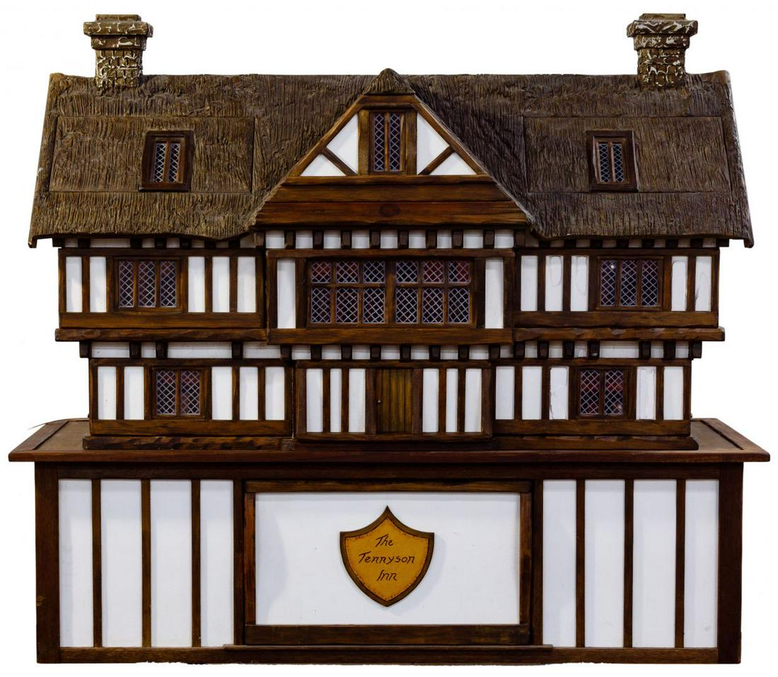 Robert Stubbs "Tennyson Inn" Tudor Miniature Dollhouse: Robert Stubbs 'Tennyson Inn' Tudor Miniature Dollhouse Two story structure having eight rooms, rustic style wood / stucco exterior having a chimney on both ends, removable window areas attached with m