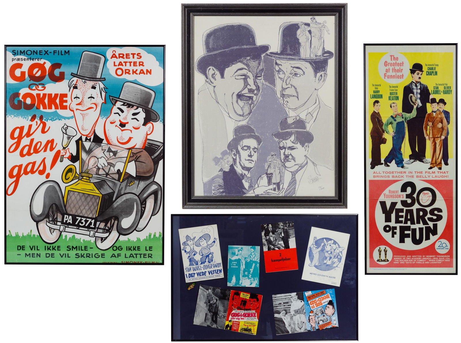Laurel and Hardy Ephemera Assortment: Laurel and Hardy Ephemera Assortment Four items including a Danish language poster for 'Gi'r Den Gas', 1930s compilation; a lithograph signed 'Steffina' #79/200 lower right, a poster for '30 Years of