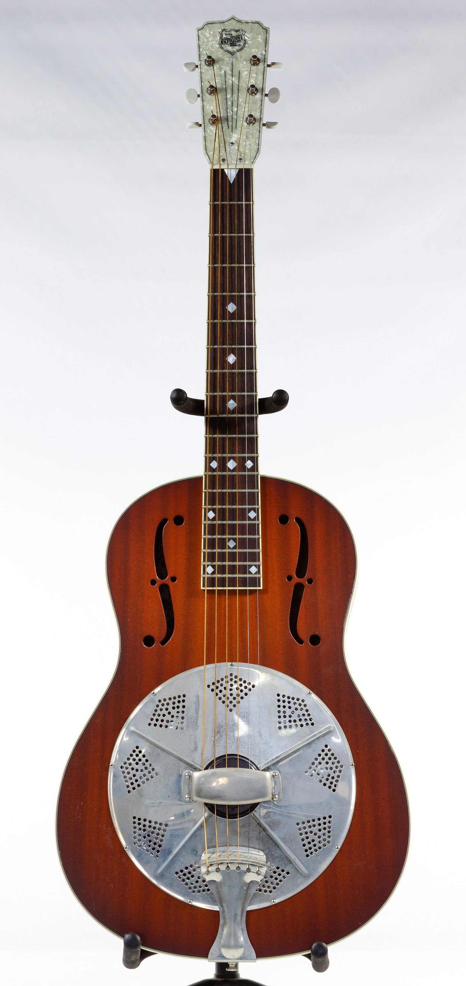National 2013 Reso-Phonic M2 Guitar: National 2013 Reso-Phonic M2 Guitar Serial #18609, acoustic resonator, ebony fingerboard, smooth mahogany neck, laminated mahogany body combo, factory steel cover-plate; together with domed top pebble