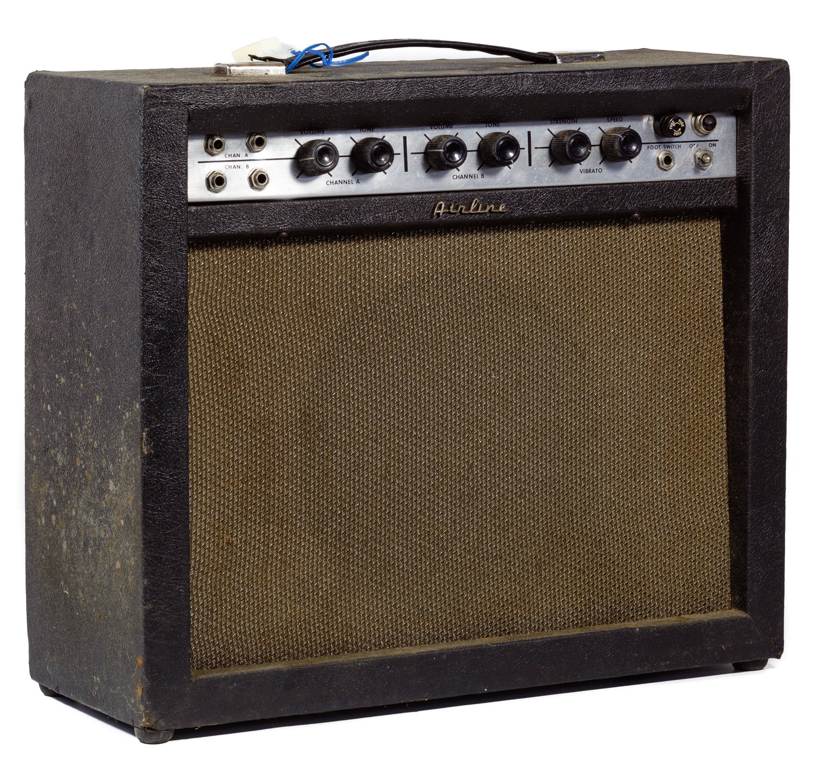 Airline 1962 MDL 9013A Amplifier: Airline 1962 MDL 9013A Amplifier Having 15 watts, two channels, four inputs, volume and tone for each channel, strength and speed for the vibrato and foot-switch input (foot-switch not included); prop