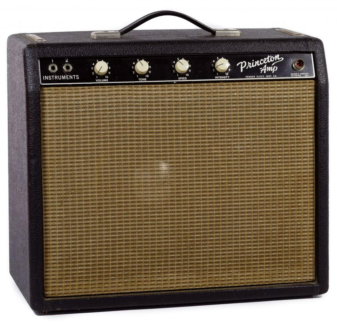 Fender 1964 Black Tweed Princeton Amplifier: Fender 1964 Black Tweed Princeton Amplifier Model #6G2, serial #P07372 etched on top back, 0.7 amps, 117 volts, 60 cycles, 'Princeton Amp Fender Elect Inst Co' stamped on front top plate, plastic hand