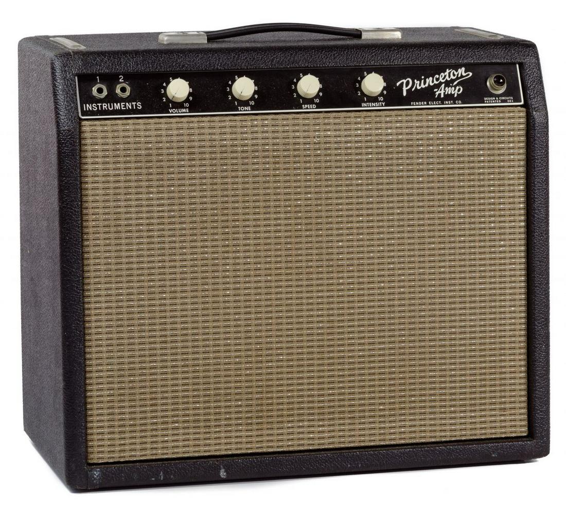 Fender Black Tweed Princeton Amplifier: Fender Black Tweed Princeton Amplifier c.1965, model #6G2, 0.7 amps, 117 volts, 60 cycles, 'Princeton Amp Fender Elect Inst Co' stamped on front top plate, leather handle, having a speaker stamped 581