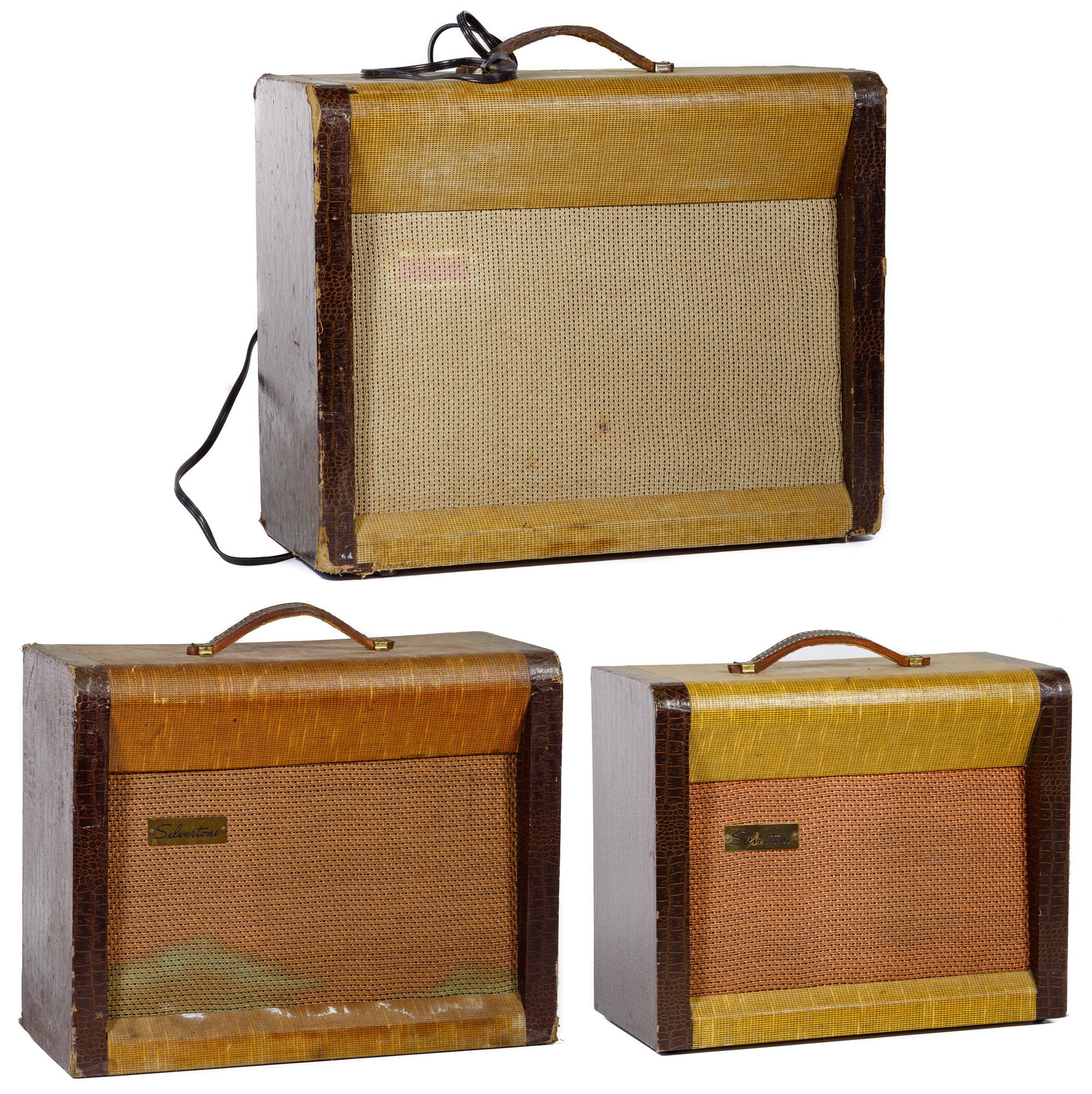 Silvertone 1300 Series Amplifier Assortment: Silvertone 1300 Series Amplifier Assortment Three items all having a faux alligator and canvas finish with leather handle, including model #1333 having 110 volts, 65 watts, four tubes, four ports for 