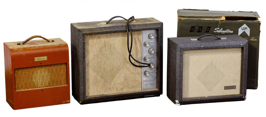 Silvertone 1400 Series Amplifier Assortment: Silvertone 1400 Series Amplifier Assortment Three Sears items including model #1482, #1430 and #1481; two larger having a silvery black tweed cabinet and the smaller having a brown cabinet; property f