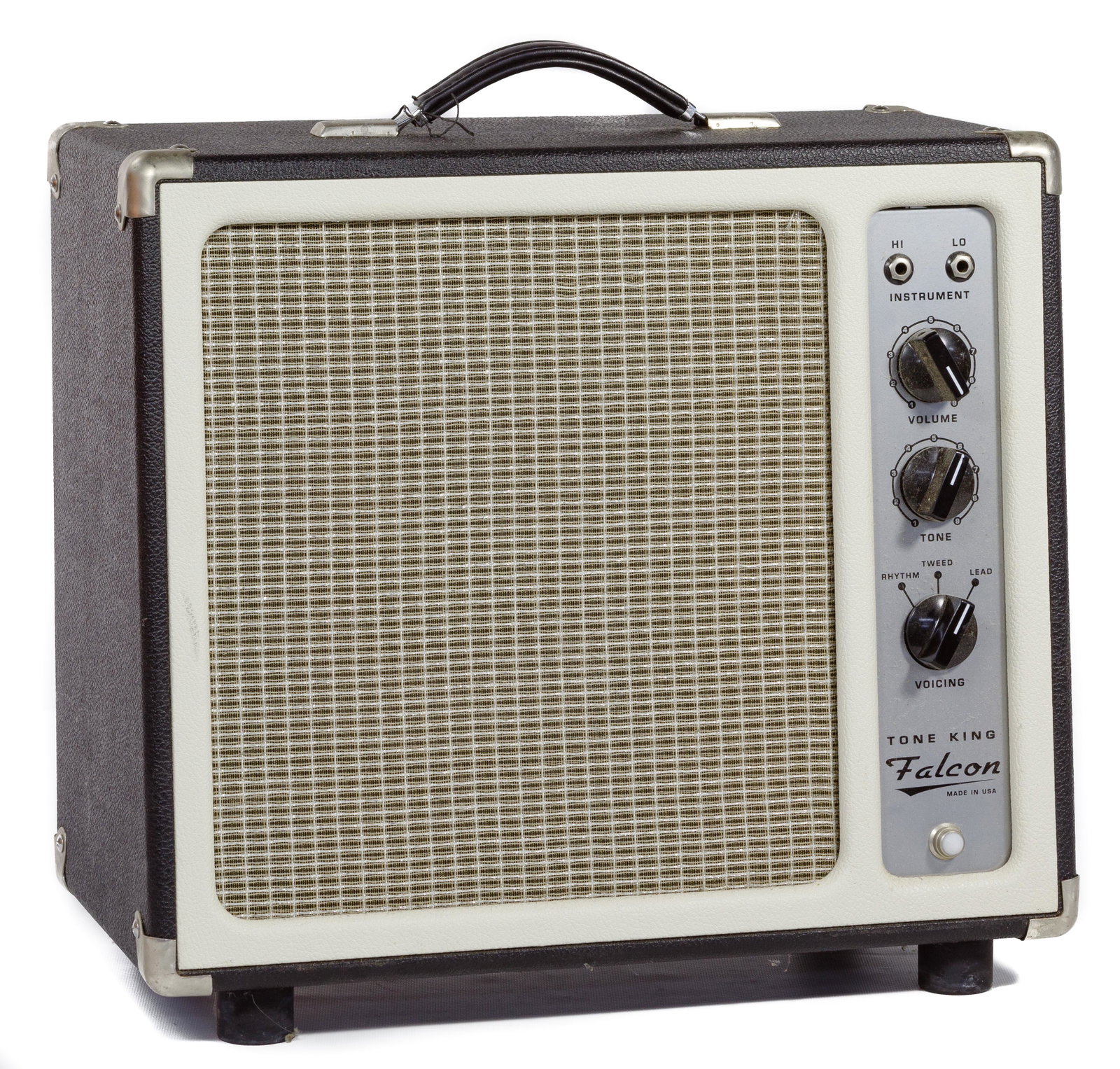 Tone King 2012 Falcon Combination Amplifier: Tone King 2012 Falcon Combination Amplifier Black cabinet having silvery tweed grill front, leather handle, 'Patriot Ragin Cajun' Eminence speaker; property from a Waukegan, Illinois estate Condition: