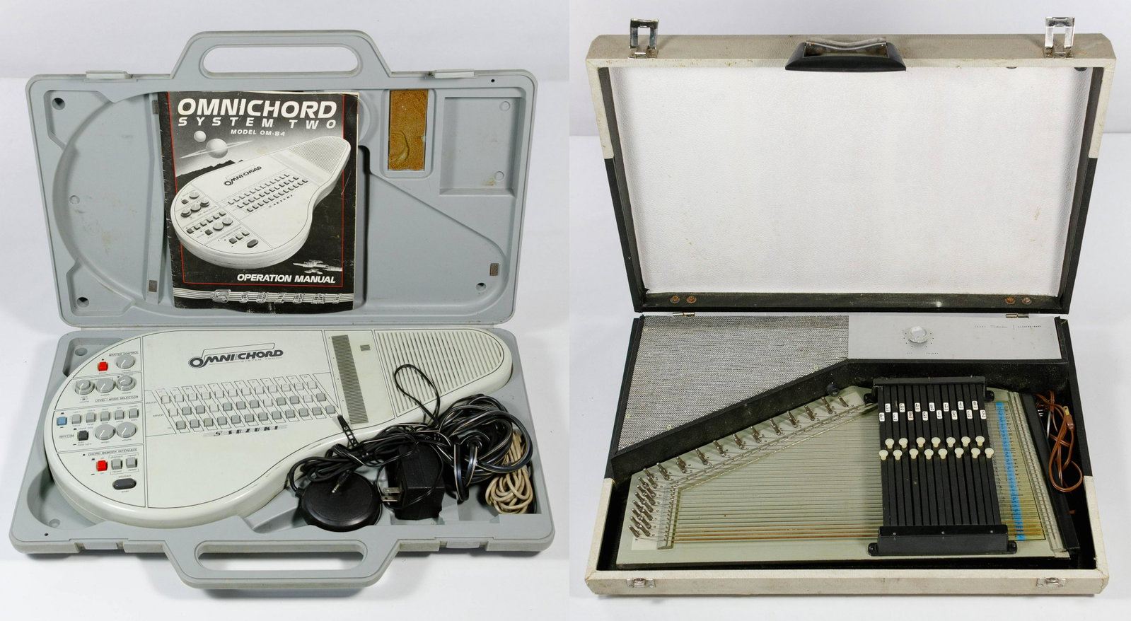 Suzuki Omnichord System Two OM-84 and Silvertone: Suzuki Omnichord System Two OM-84 and Silvertone Electro-Harp Omnichord having original case, power adapter, output cord, footswitch adapter and operation manual; together with Oscar Schmidt for Sears