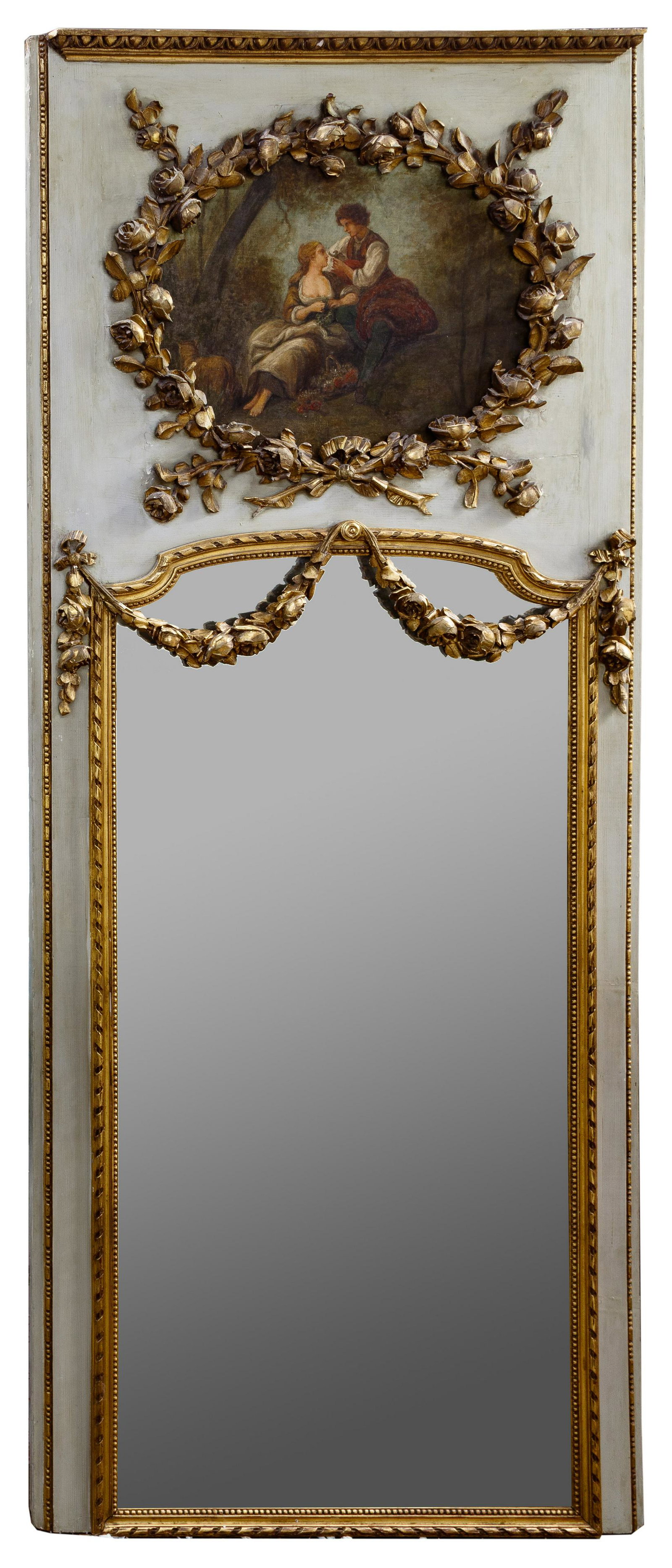 Trumeau Gilt Mirror with Painted Roundel: Trumeau Gilt Mirror with Painted Roundel 19th century Louis XVI style carved and gilt framing elements, cornice and edge trim, mounted to a pale green painted support having framed and paneled reverse