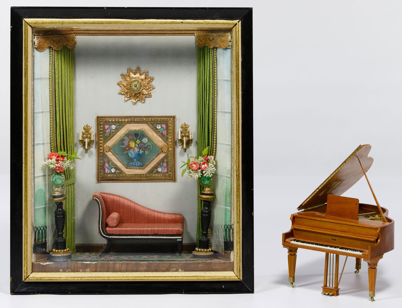 Narcissa Thorne (American, 1882-1966) Miniature Room: Narcissa Thorne (American, 1882-1966) Miniature Room Miniature room box of a formal Victorian room with painting over a pink fainting couch and a gilt clock over the painting, Aubusson style runner, p