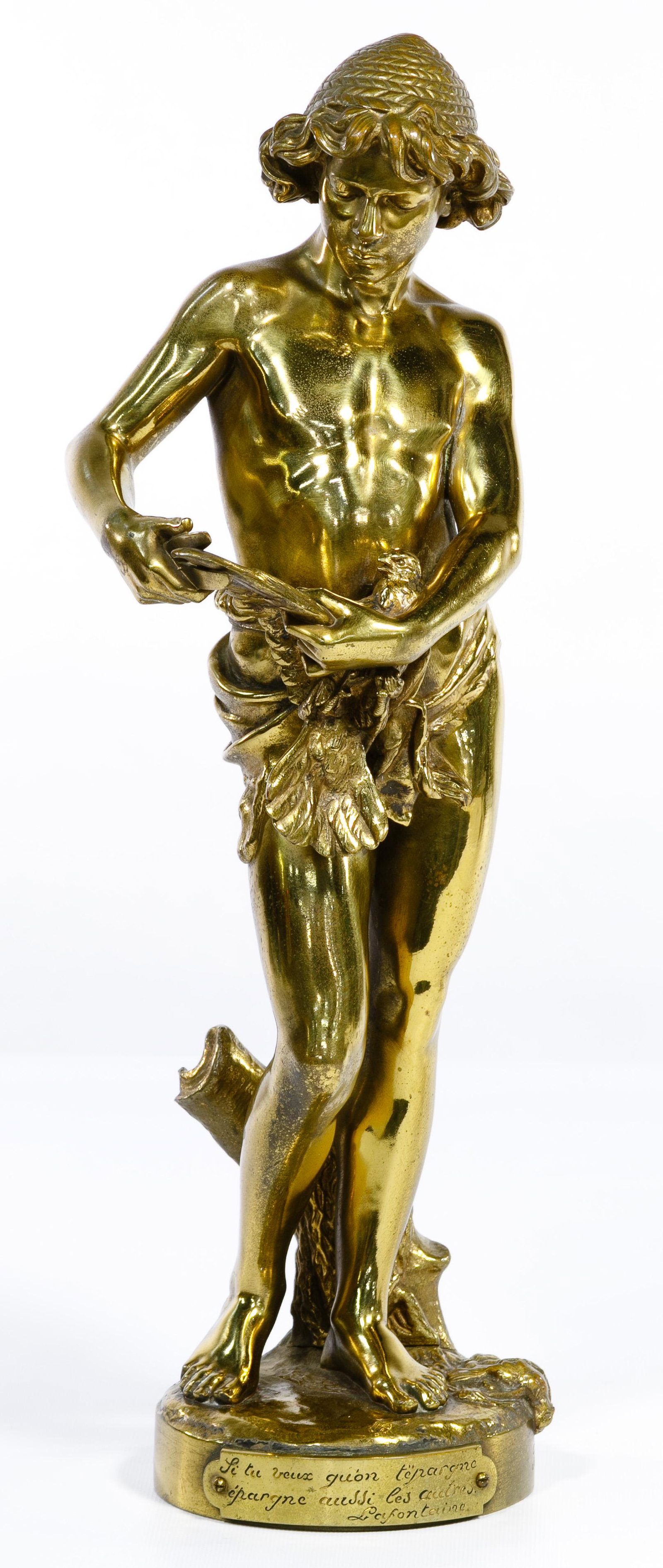 (After) Jean-Louis Gregoire (French, 1840-1890): (After) Jean-Louis Gregoire (French, 1840-1890) 'Captivity' Bronze Figurine Undated, singed on base, depicting a young man clipping the wings of a dove, plaque with French quote loosely translated, 'T