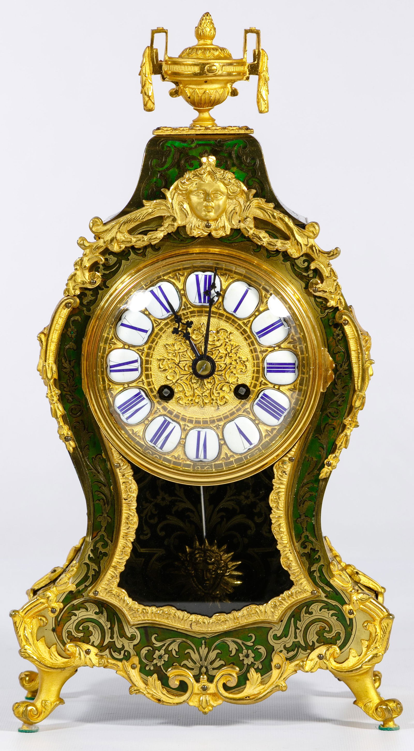 Vincenti French Striking Mantel Clock: Vincenti French Striking Mantel Clock c.1870, having case of dyed green shell and brass overlay, gilt ormolu, porcelain numbers and eight day striking movement; stamped 'W. Oppenheim, Londres, Paris';