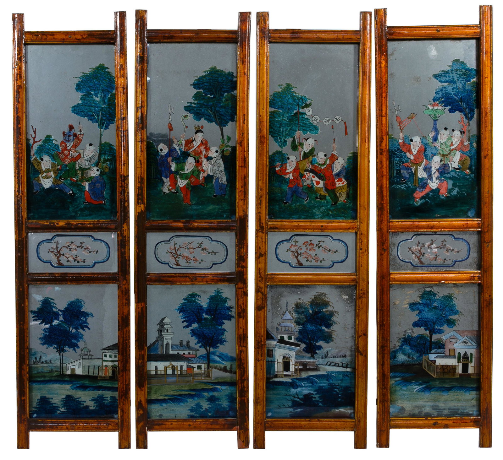 Asian Reverse Painting on Glass Assortment: Asian Reverse Painting on Glass Assortment Set of four panels each having three scenes depicting a figural painting on the top, centered by an apple blossom tree and buildings on the bottom; all frame