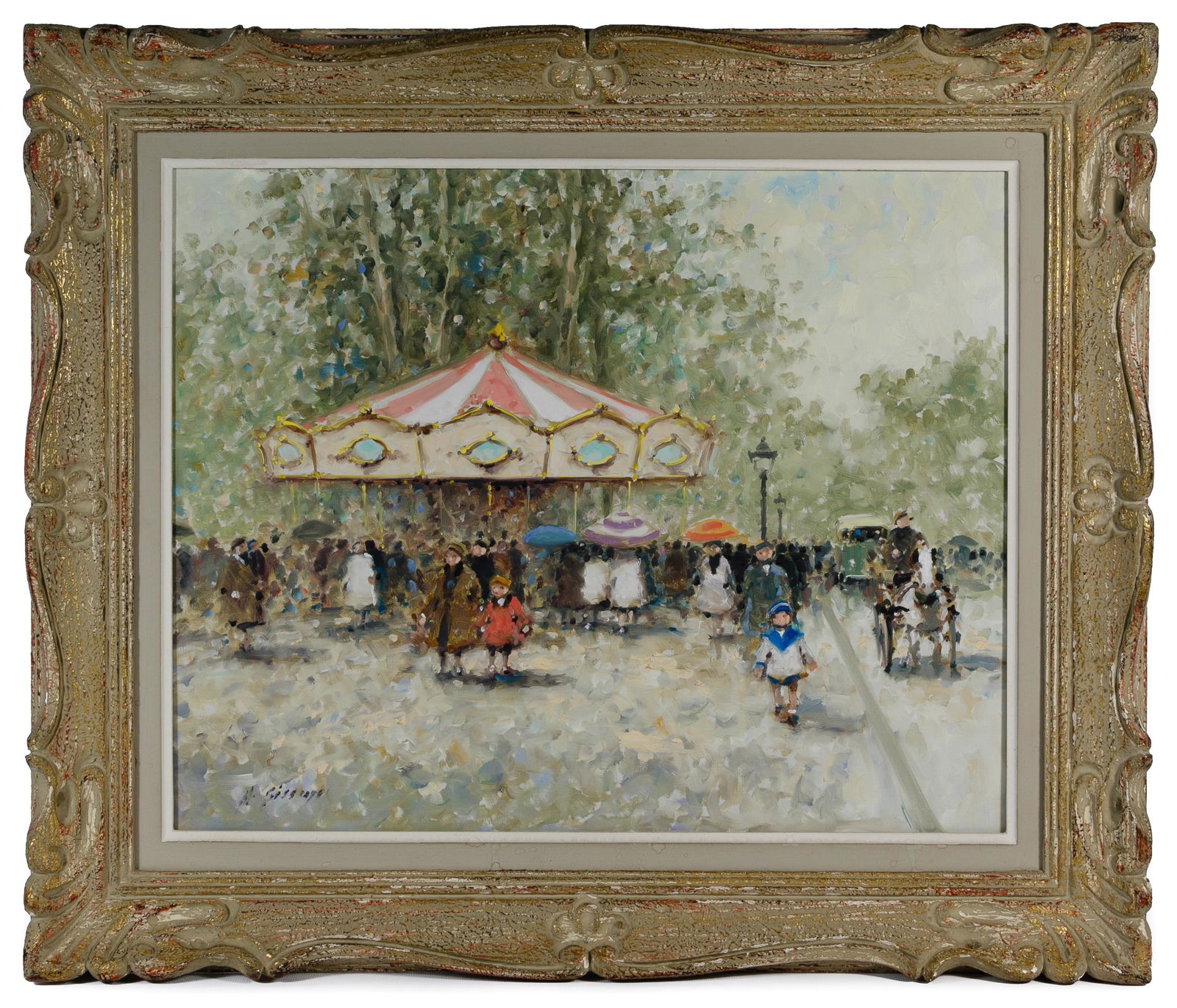 Andre Gisson (American / French, 1921-2003) Oil on: Andre Gisson (American / French, 1921-2003) Oil on Canvas Undated, signed lower left, depicting a carousel in a park, in a painted wood frame; artist also known as Anders Gittelson Condition: Very Goo